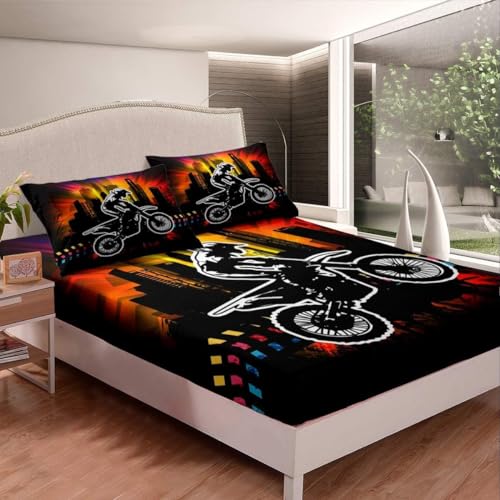 Motocross Spannbettlaken 140x200cm Sportthema Bettlaken 3D Erwachsener Spannbetttuch 140x200 Spannbetttücher Topper 30 cm Höhe Weiche Mikrofaser mit 2 Kissenbezügen a.7161 von Sxakswol