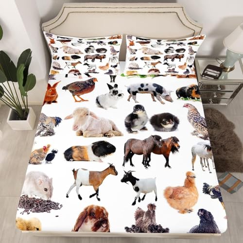 Pferd, Schaf und Huhn Spannbettlaken 160x200cm Nutztiere Bettlaken 3D Erwachsener Spannbetttuch 160x200 Spannbetttücher Topper 30 cm Höhe Weiche Mikrofaser mit 2 Kissenbezügen a.7234 von Sxakswol