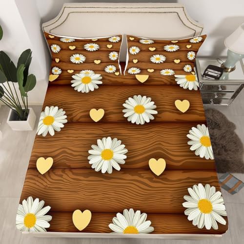 Retro-Holzbrett Spannbettlaken 90x200cm Kinder Blume Pflanze Bettlaken 3D Spannbetttuch 90x200 Spannbetttücher Topper 30 cm Höhe Weiche Mikrofaser mit 2 Kissenbezügen a.7123 von Sxakswol