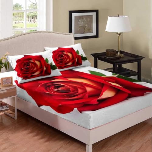 Rote Rose Spannbettlaken 180x200cm Rose Bettlaken 3D Erwachsener Spannbetttuch 180x200 Spannbetttücher Topper 30 cm Höhe Weiche Mikrofaser mit 2 Kissenbezügen a.7157 von Sxakswol