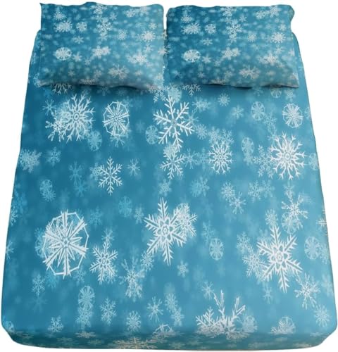 Schneeflocke Spannbettlaken 180x200cm Winter Bettlaken 3D Erwachsener Spannbetttuch 180x200 Spannbetttücher Topper 30 cm Höhe Weiche Mikrofaser mit 2 Kissenbezügen a.2381 von Sxakswol