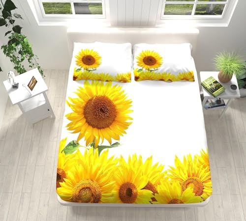 Sonnenblume Spannbettlaken 140x200cm Blumen Bettlaken 3D Erwachsener Spannbetttuch 140x200 Spannbetttücher Topper 30 cm Höhe Weiche Mikrofaser mit 2 Kissenbezügen a.7173 von Sxakswol