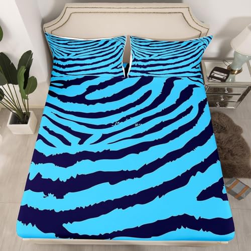Streifen Spannbettlaken 90x200cm Kinder Blau Bettlaken 3D Spannbetttuch 90x200 Spannbetttücher Topper 30 cm Höhe Weiche Mikrofaser mit 2 Kissenbezügen a.7213 von Sxakswol
