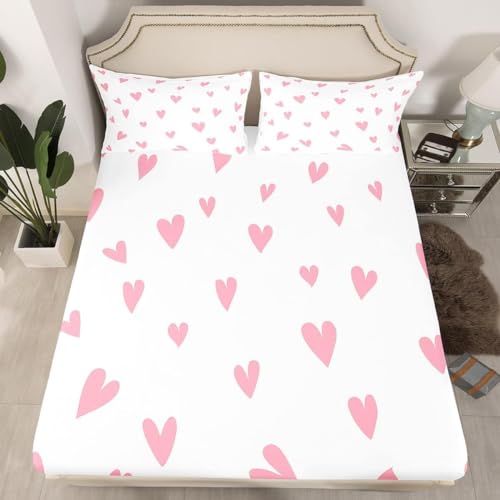 Süßes Herz Spannbettlaken 140x200cm Mädchen Bettlaken 3D Erwachsener Spannbetttuch 140x200 Spannbetttücher Topper 30 cm Höhe Weiche Mikrofaser mit 2 Kissenbezügen a.7047 von Sxakswol
