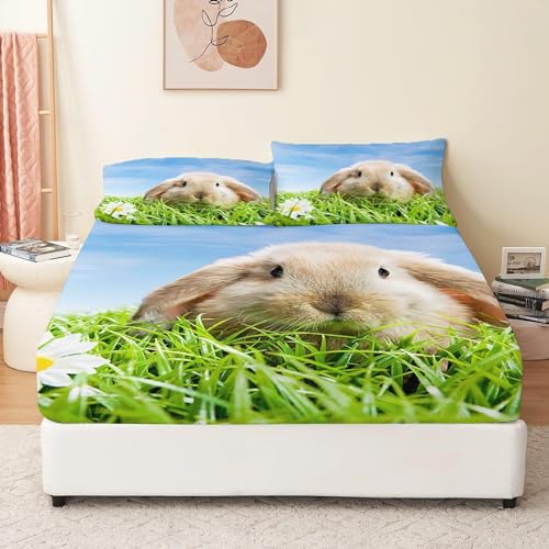 Süßes Kaninchen Spannbettlaken 90x200cm Kinder Grünes Gras Bettlaken 3D Spannbetttuch 90x200 Spannbetttücher Topper 30 cm Höhe Weiche Mikrofaser mit 2 Kissenbezügen a.7129 von Sxakswol