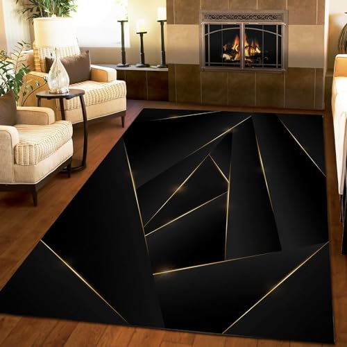 Sxakswol Teppich Wohnzimmer 140x160 cm Geometrisches Schwarz 3D Teppich Goldene Linien Küche Esszimmer Schlafzimmer Teppich Kurzflor rutschfest Waschbar Teppiche Weich Pflegeleicht a2042 von Sxakswol