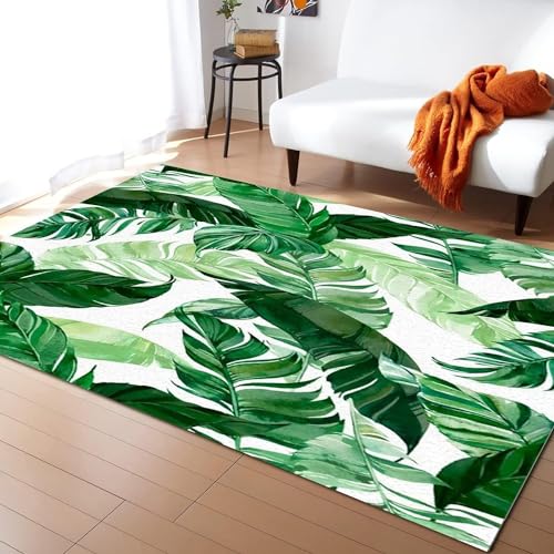 Sxakswol Teppich Wohnzimmer 140x160 cm Grüne Blätter 3D Teppich Tropische Pflanzen Küche Esszimmer Schlafzimmer Teppich Kurzflor rutschfest Waschbar Teppiche Weich Pflegeleicht Y789 von Sxakswol