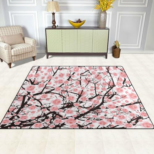 Sxakswol Teppich Wohnzimmer 140x160 cm Kirschblüten 3D Teppich Pinke Blume Küche Esszimmer Schlafzimmer Teppich Kurzflor rutschfest Waschbar Teppiche Weich Pflegeleicht Y5704 von Sxakswol