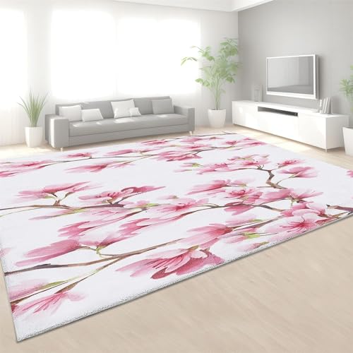 Sxakswol Teppich Wohnzimmer 140x200 cm Rosa Sakura 3D Teppich Frühling Küche Esszimmer Schlafzimmer Teppich Kurzflor rutschfest Waschbar Teppiche Weich Pflegeleicht Y55 von Sxakswol
