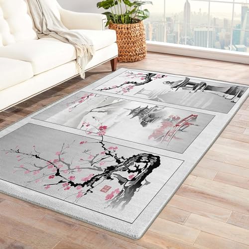 Sxakswol Teppich Wohnzimmer 60x90 cm Japanische Kirschblüten 3D Teppich Grauer Asiatischer Stil Küche Esszimmer Schlafzimmer Teppich Kurzflor rutschfest Waschbar Teppiche Weich Pflegeleicht Y4279 von Sxakswol