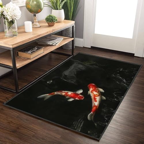Sxakswol Teppich Wohnzimmer 80x150 cm Koi Schwarz 3D Teppich Japanisch-Asiatischer Stil Küche Esszimmer Schlafzimmer Teppich Kurzflor rutschfest Waschbar Teppiche Weich Pflegeleicht Y8663 von Sxakswol