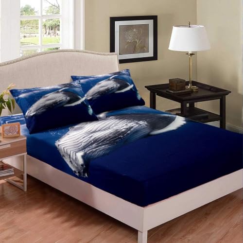 Wal Spannbettlaken 90x200cm Kinder Meereslebewesen Bettlaken 3D Spannbetttuch 90x200 Spannbetttücher Topper 30 cm Höhe Weiche Mikrofaser mit 2 Kissenbezügen a.7075 von Sxakswol