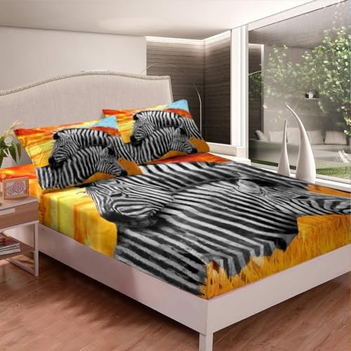 Zebra Spannbettlaken 160x200cm Wildtiere Bettlaken 3D Erwachsener Spannbetttuch 160x200 Spannbetttücher Topper 30 cm Höhe Weiche Mikrofaser mit 2 Kissenbezügen a.7138 von Sxakswol
