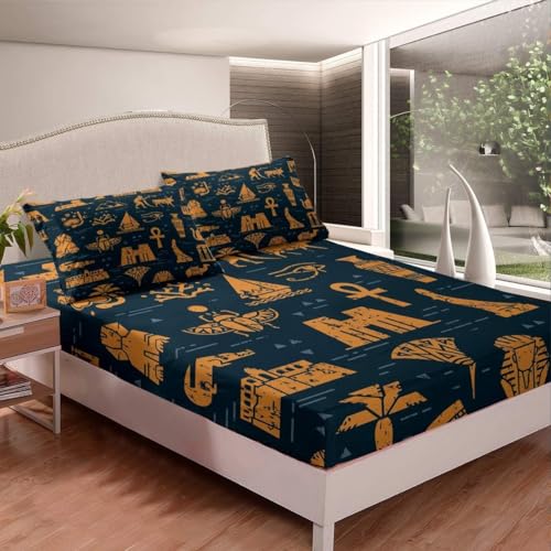 ägypten Retro Spannbettlaken 140x200cm ägypten Bettlaken 3D Erwachsener Spannbetttuch 140x200 Spannbetttücher Topper 30 cm Höhe Weiche Mikrofaser mit 2 Kissenbezügen a.7209 von Sxakswol