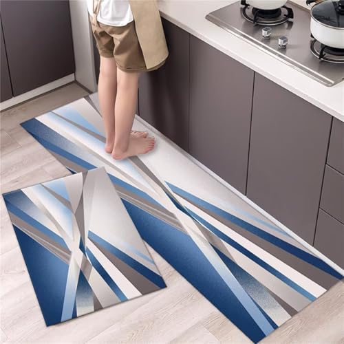 küchenteppich Rutschfeste 2 Stück Geometrisch Blau Küchenläufer Teppich Waschbar Saugfähige Geschenk Ölbeständig Weich Anti-Müdigkeit Küchenmatten für Küche Waschküche Esszimmer 50x80cm+50x120cm von Sxdgus