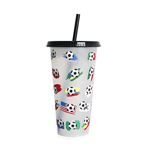 Wiederverwendbarer Trinkbecher mit Deckel, Motiv: Fußball und Kunststoff, tragbarer Trinkhalm-Becher mit Deckel, Reisebecher, farbwechselnder Getränkebecher von Sxett