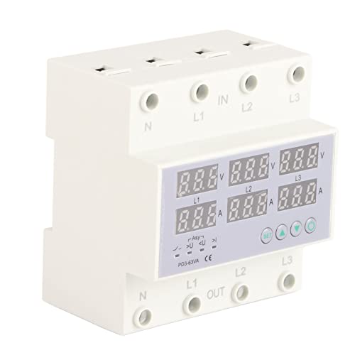 Sxhlseller 3 Phase DIN Rail Voltmeter Amperemeter - 63A Einstellbar über Spannung und Stromschutz mit Automatischem Reset - Digital Display Relay Switch (63A) von Sxhlseller