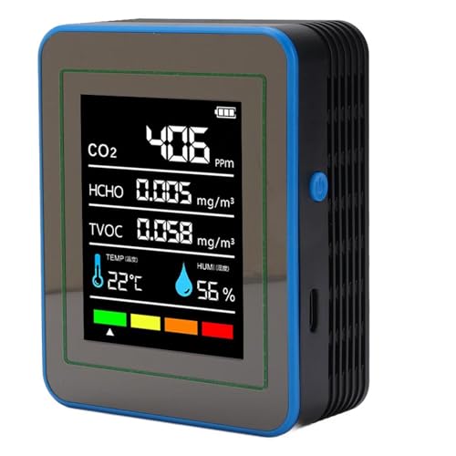 Sxhlseller CO2 TVOC HCHO -Messgerät, Wiederaufladbare Luftqualität Detektor Fastdaten Aktualisieren 5 in 1 für Zuhause (Schwarz und blau) von Sxhlseller