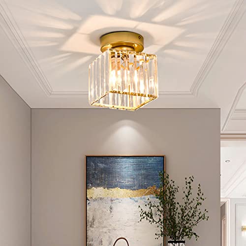 Sxtiger Moderne Kristall Deckenleuchte, Mini Golden Kristall Deckenlampe E27 Quadratische Lampenschirm Kristall Kronleuchter, Für Flur Eingang Küche Schlafzimmer Wohnzimmer Lampe（Gold） von Sxtiger