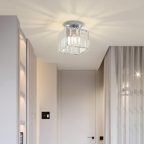Moderne Kristall Deckenleuchte，E27 Mini Kristall Deckenlampe, Silber Quadratischer Kristall Kronleuchter, für Flur Wohnzimmer Schlafzimmer Küche Eingang Lampe (Silber) von Sxtiger