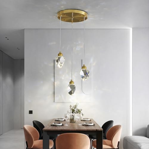 Moderne Kristall Pendelleuchte, 3-Farbige LED Kristall Pendelleuchte, Höhenverstellbare Goldene Decken Hängelampe, Für Kücheninsel Schlafzimmer Wohnzimmer Esszimmer (3-Köpfiger Runder Sockel) von Sxtiger