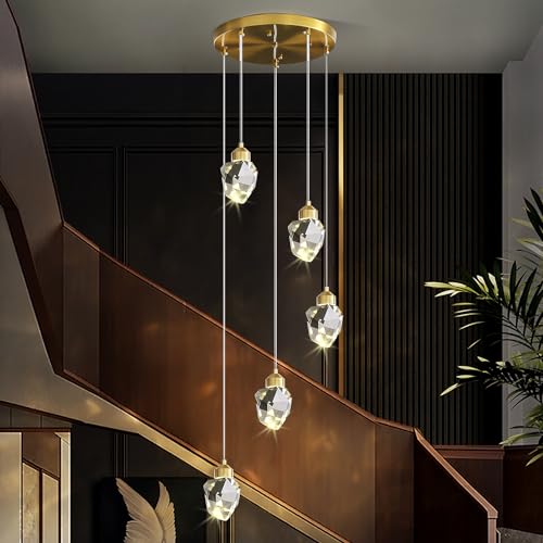 Moderne Kristall Pendelleuchte, 3-Farbige LED Kristall Pendelleuchte, Höhenverstellbare Goldene Decken Hängelampe, Für Kücheninsel Schlafzimmer Wohnzimmer Esszimmer (5-Köpfiger Runder Sockel) von Sxtiger