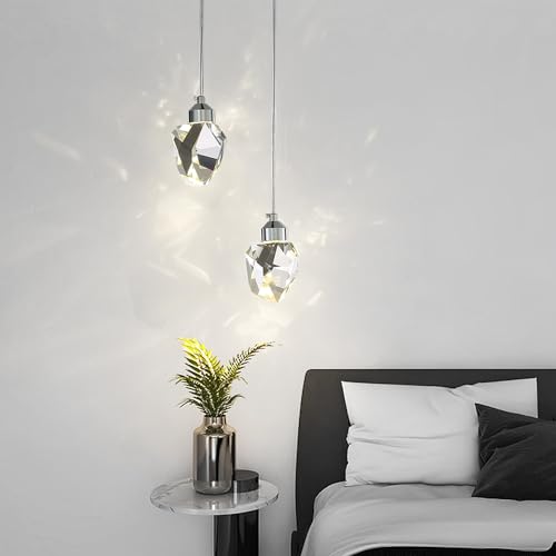 Moderne Kristall Pendelleuchte, 3-Farbige LED Kristall Pendelleuchte, Höhenverstellbare Silberne Decken Hängelampe, Für Kücheninsel Schlafzimmer Wohnzimmer Esszimmer (2-Köpfiger Runder Sockel) von Sxtiger