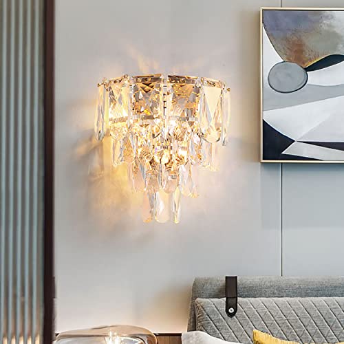 Sxtiger Moderne Kristall Wandleuchte, E14 Goldene Kristall Wandlampe Innen, Für Wohnzimmer Schlafzimmer Küche Flur Treppen Hotel Restaurant Beleuchtung (Gold-2) von Sxtiger