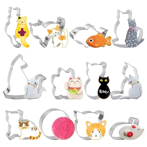 Sxutop 12 Stück Katze Ausstechformen Niedliche Katzenform Keksausstecher Plätzchenform Edelstahl Verschiedene Formen Cookie Cutter zum Ausstechen von Plätzchen Kekse Backen Fondant von Sxutop