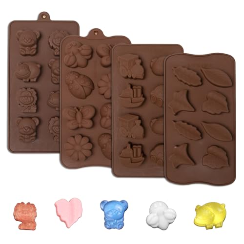 Sxutop 4 Stück Schokoladenform Tiere Pralinenform Silikon 3d Schokolade Silikonform Blume und Blatt Lebensmittel Silikon Backform Tiere für Schokolade Fondant Gelee Muffinform EiswüRfel und Seifen von Sxutop