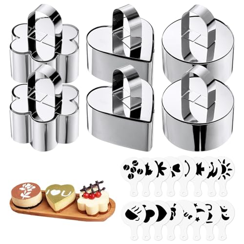 Sxutop 6 Stück Dessertringe Klein 8 cm Speiseringe Edelstahl Set Servierringe Kleine Kuchenringe mit Heber und Schablonen Mini Tortenring 8 cm für Backen Dessert Kuchen Mousse Ringe (3 Formen) von Sxutop