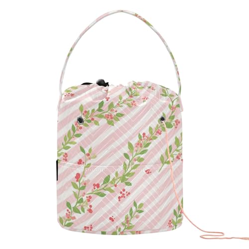 Aufbewahrungstasche für Stricknadeln, rosa und grünes Streifenmuster mit Blumen, mit Löchern, gehäkelt, Reisetasche für Stricknadeln, estambre y ganchos para tejer von SyXIOP