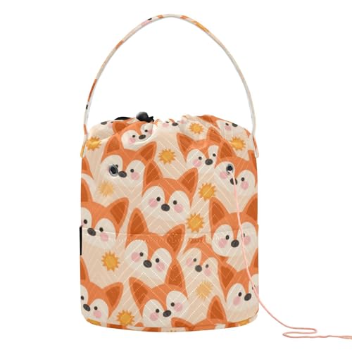 Cartoon-Garntasche mit niedlichem Fuchs, Sonne, Orange, mit Löchern, Häkelrucksack für Stricknadeln, Caja de almacenamiento para hilos von SyXIOP