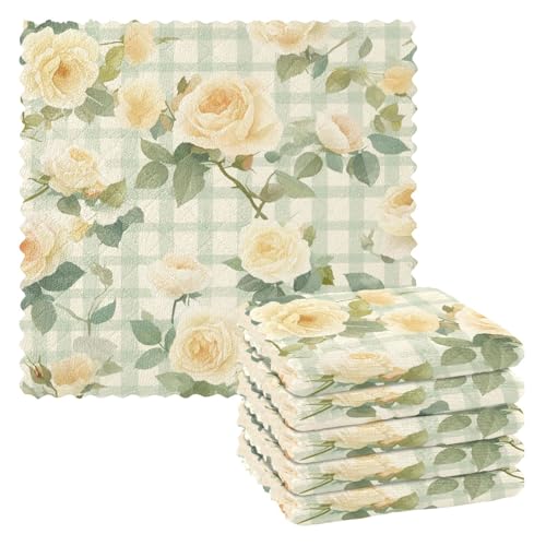 Green Spring Retro Plaids Gelbe Blumen Themerry Tuch Küchentücher Küchenhandtücher Klassisches Kaffee-Zubehör Para Mesas 27,9 x 27,9 cm 6 Stück von SyXIOP