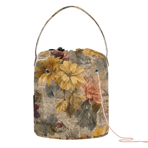 Häkelgarn-Tasche mit alten Zeitungsblumen, gelb, Retro-Stil, tragbare Strickprojekt-Tasche für Stricknadeln, Bolsas Para, Hilos de Crochet von SyXIOP