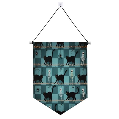 Halloween grün karierter Totenkopf Katze Halloween-Dekorationen Hängebanner mit Teleskopstange Banner Flagge hängende Party-Dekorationen für drinnen und draußen Party Banderitas Para Fiesta von SyXIOP