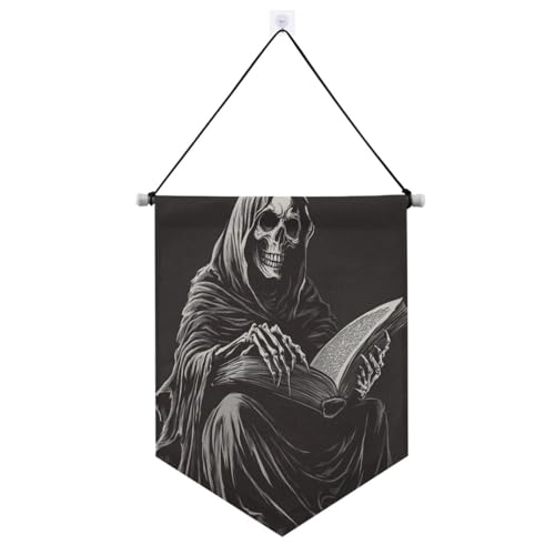 Handgezeichnete Vintage-Illustration eines Sensenmanns, Halloween-Dekorationen, Banner zum Aufhängen mit Teleskopstange, Banner, Flagge, Partydekorationen für Türen, Wände, Fenster, Gärten, Hof von SyXIOP