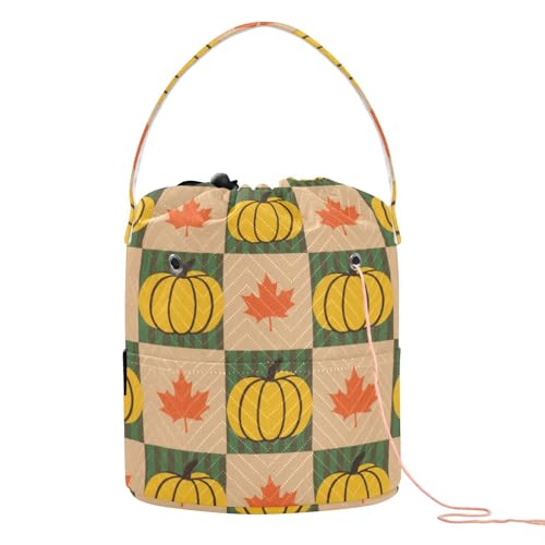 Herbst-Kürbis-karierte gelbe Garntasche, tragbare Häkel-Aufbewahrungstasche für Kunstbedarf, Soporte de Hilo para tejer von SyXIOP