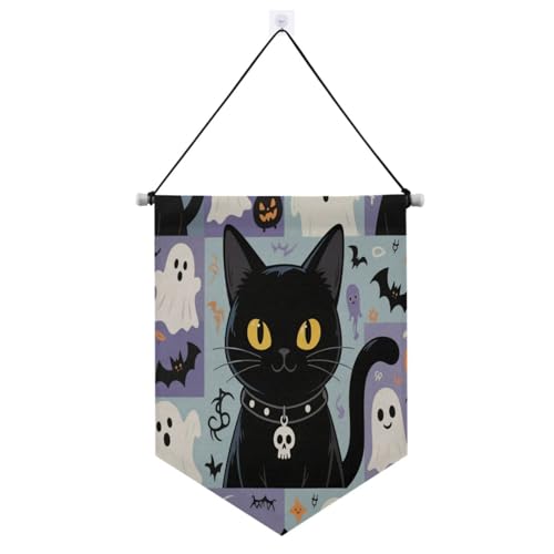 Niedliche schwarze Katzengeister für Halloween, Halloween-Dekorationen, hängende Banner mit Teleskopstange, Wimpel, Banner, Flaggen, hängende Wanddekoration für Tür, Wände, Fenster, Gärten von SyXIOP