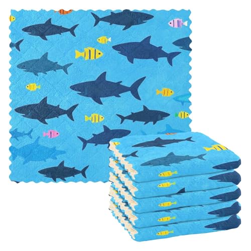 SyXIOP Blue Ocean Cartoon Shark Fish Silhouetten New Home Handtuch Mikrofaser Auto Reinigungstuch Dekoratives Hanksgiving Toallas de Microfibra para limpieza 27,9 x 27,9 cm Set von 6 Stück von SyXIOP
