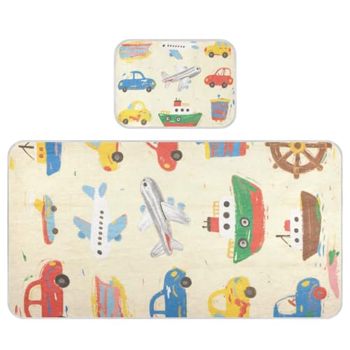 SyXIOP Kühlende Babybett-Matratze mit Cartoon-Motiv, Motiv: Autos, Schiffe und Flugzeuge, 71,1 x 132,1 cm, wiederverwendbare Matratzenauflage für Babys und Kleinkinder von SyXIOP