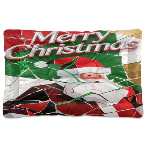 SyXIOP Merry Christmas Weihnachtsmann-Matratze, waschbar, rutschfest, weich, bequem, für große Jumbo, mittelgroße und kleine Hunde, 91,4 x 61 cm, Rot / Grün von SyXIOP