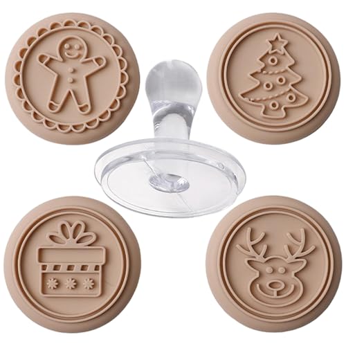 Syengery Weihnachtsplätzchen-Stempelset, Weihnachtsplätzchen-Presse | 4 Muster-Silikon-Stempel-Ausstechformen - Lebensmittelechter Elch, Schachtel, Weihnachtsbäume, Lebkuchenmann-Fondant-Stempel-Set von Syengery