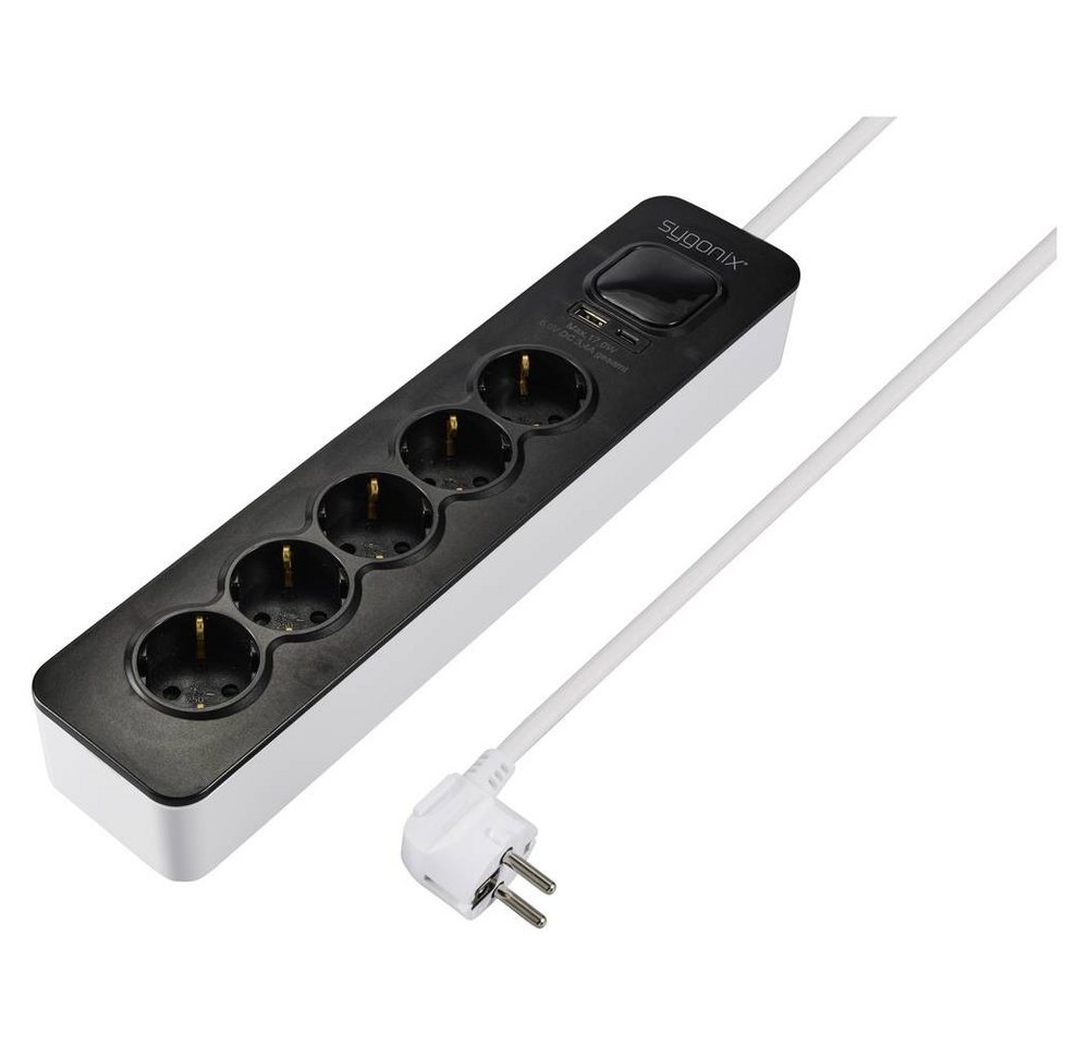 Sygonix 5fach Steckdosenleiste mit Kabelaufrollung Steckdosenleiste, erhöhter Berührungsschutz, mit Schalter, mit USB, mit USB-C®, Überspan von Sygonix