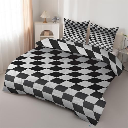 Bettdecke 180x200 4 Jahreszeiten Schachbrettmuster - Bettdecke ohne Bezug Nutzbar Abstrakt Schlafdecke Grau Steppdecke 4 Jahreszeiten Waschbar Leichte Warme mit 2 Kissenbezug 80x80cm J166 von Syhi Qlty