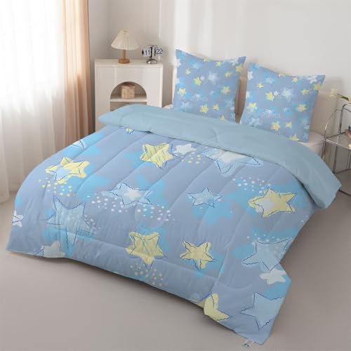 Bettdecke 200x200 Junge - Bettdecke ohne Bezug Nutzbar Sterne Schlafdecke Hellblau Steppdecke 4 Jahreszeiten Waschbar Leichte Warme mit 2 Kissenbezug 80x80cm J169 von Syhi Qlty