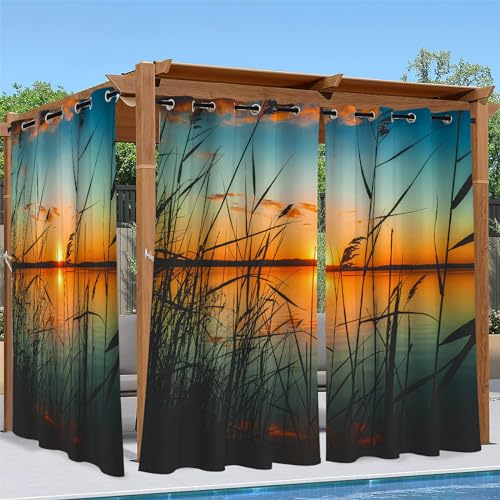 Sonnenuntergang Outdoor Vorhang Wetterfest, 3D Verdunkelungsvorhang Outdoor Vorhänge Wasserdicht Sonnenschutz Sichtschutz Outdoor Gardinen mit Ösen, 2 Stück 132 x 213 cm, Schilf-A von Syhi Qlty