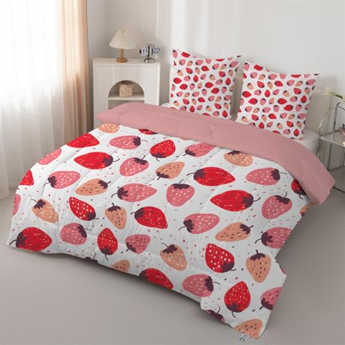 Syhi Qlty Bettdecke 220x240 Erdbeeren Steppdecke 4 Jahreszeiten Erdbeeren - Bettdecke Ohne Bezug Waschbar Cartoon Schlafdecke Leichte Wende + 2 Kissenbezüge 80x80cm J137 von Syhi Qlty