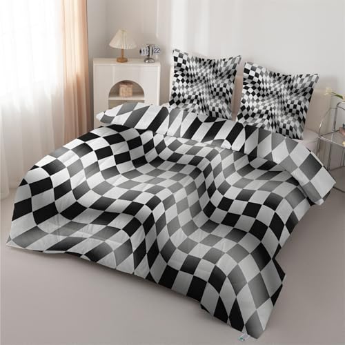 Syhi Qlty Bettdecke 220x240 Schachbrettmuster Steppdecke 4 Jahreszeiten Abstrakt - Bettdecke Ohne Bezug Waschbar Schwarz-Weiß Schlafdecke Leichte Wende + 2 Kissenbezüge 80x80cm J164 von Syhi Qlty