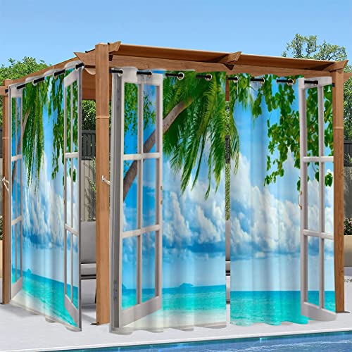 Syhi Qlty Outdoor Vorhang Wetterfest Outdoor Vorhänge Wasserdicht mit Ösen Balkon Sichtschutz Gardinen Verdunklungsvorhänge für Pavillon Pergola, 2 Stück 132 x 241, 3D Ozean Palme von Syhi Qlty